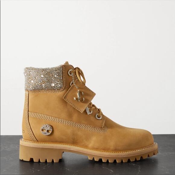 NEW JIMMY CHOO X TIMBERLAND Suede Crystal Encrusted Brown Classic Hiking Boot 9 - Picture 13 of 16